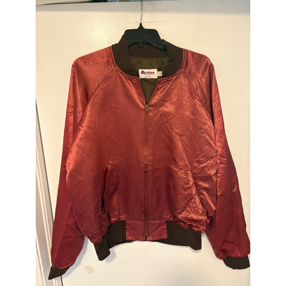 Vintage Ashley Bull's-Eye Barbecue Sauce Satin Bomber Jacket Maroon Mens Large